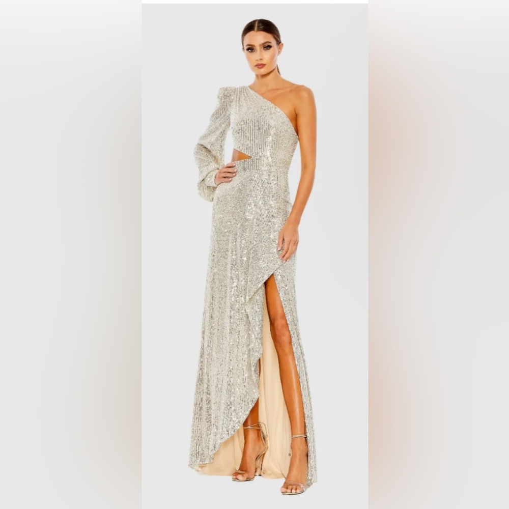 Ieena for Mac Duggal 26730 sequined one-shoulder cut-out gown in silver Size 4